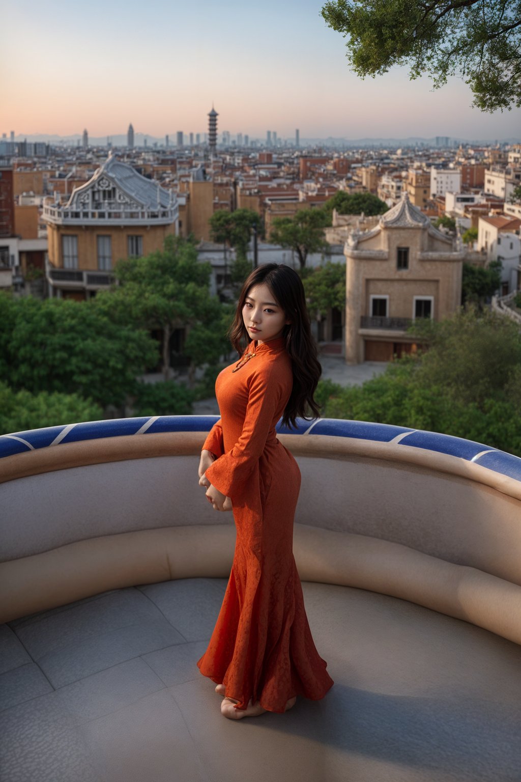 stylish and chic  woman in Barcelona wearing a flamenco-inspired dress/suit, Park Güell in the background