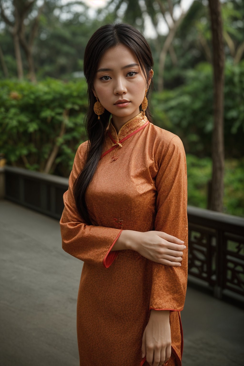 stylish and chic  woman in Bali wearing vibrant Batik clothes, Bali, Indonesia in the background