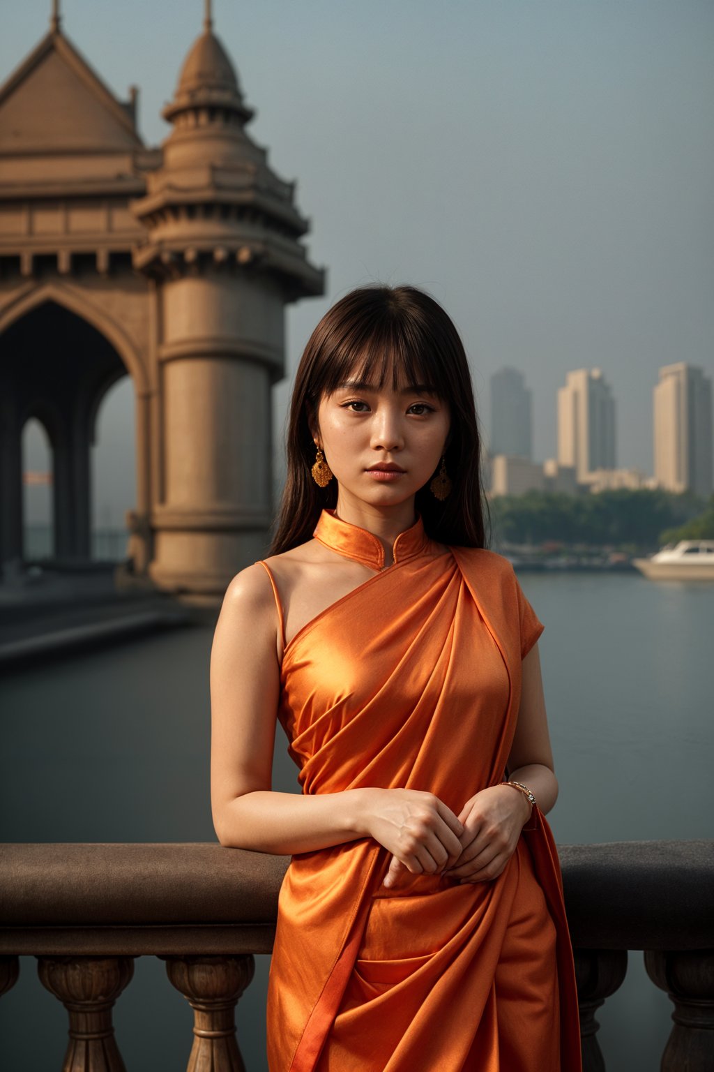 stylish and chic  woman in Mumbai wearing a vibrant saree/kurta, Gateway of India in the background