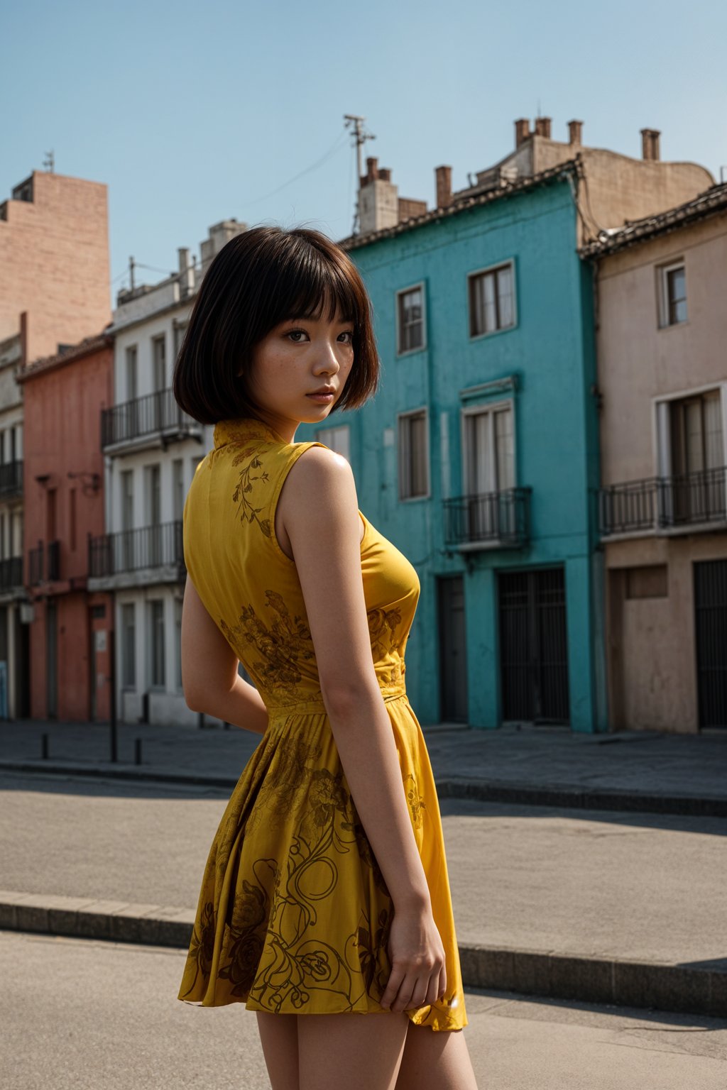 stylish and chic  woman in Buenos Aires wearing a tango-inspired dress/suit, colorful houses of La Boca neighborhood in the background