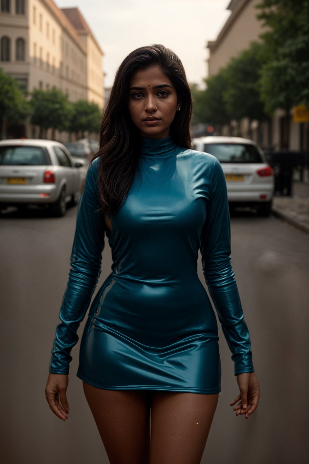 a woman wearing sexy (pvc latex mini dress) standing in street