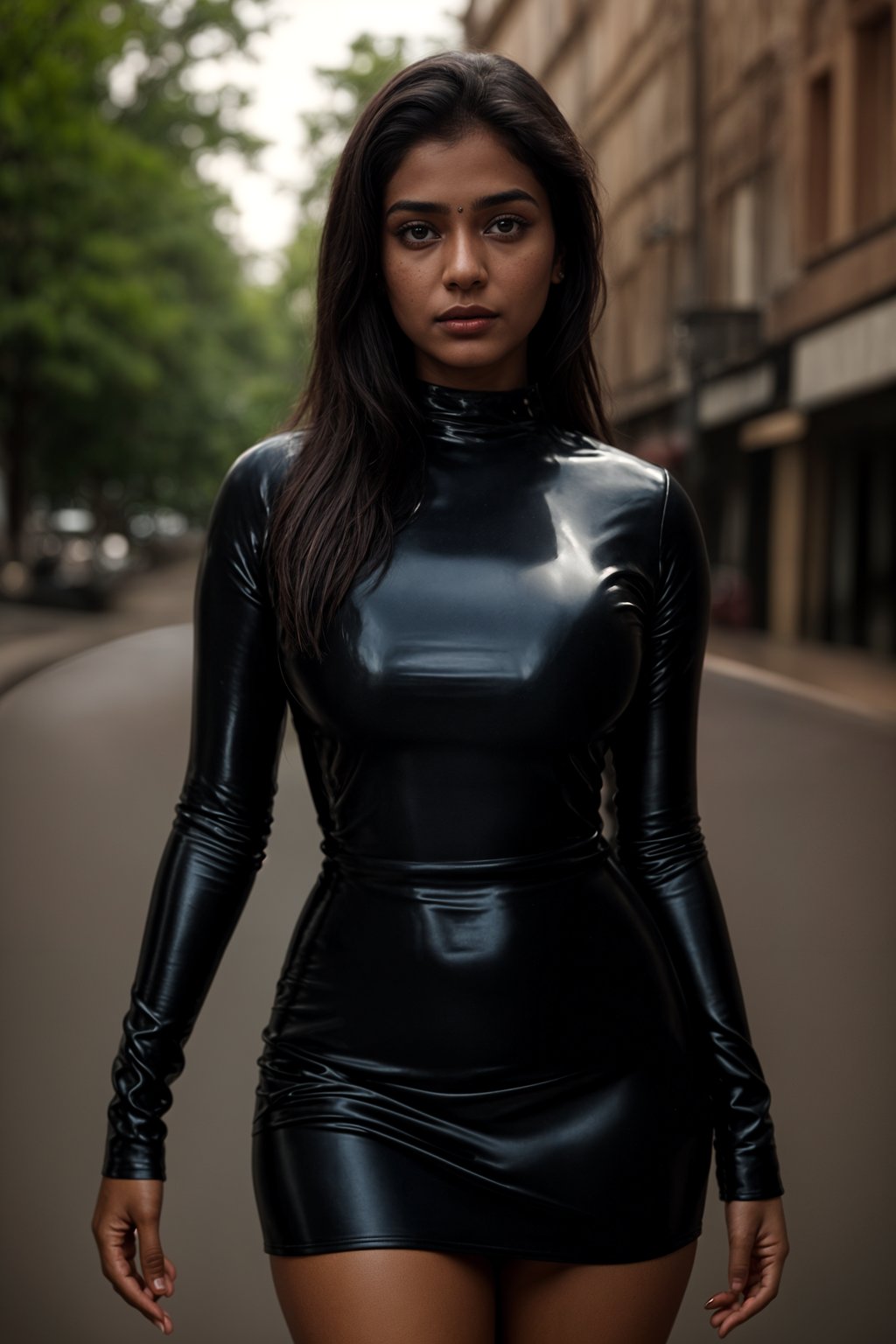 a woman wearing sexy (pvc latex mini dress) standing in street