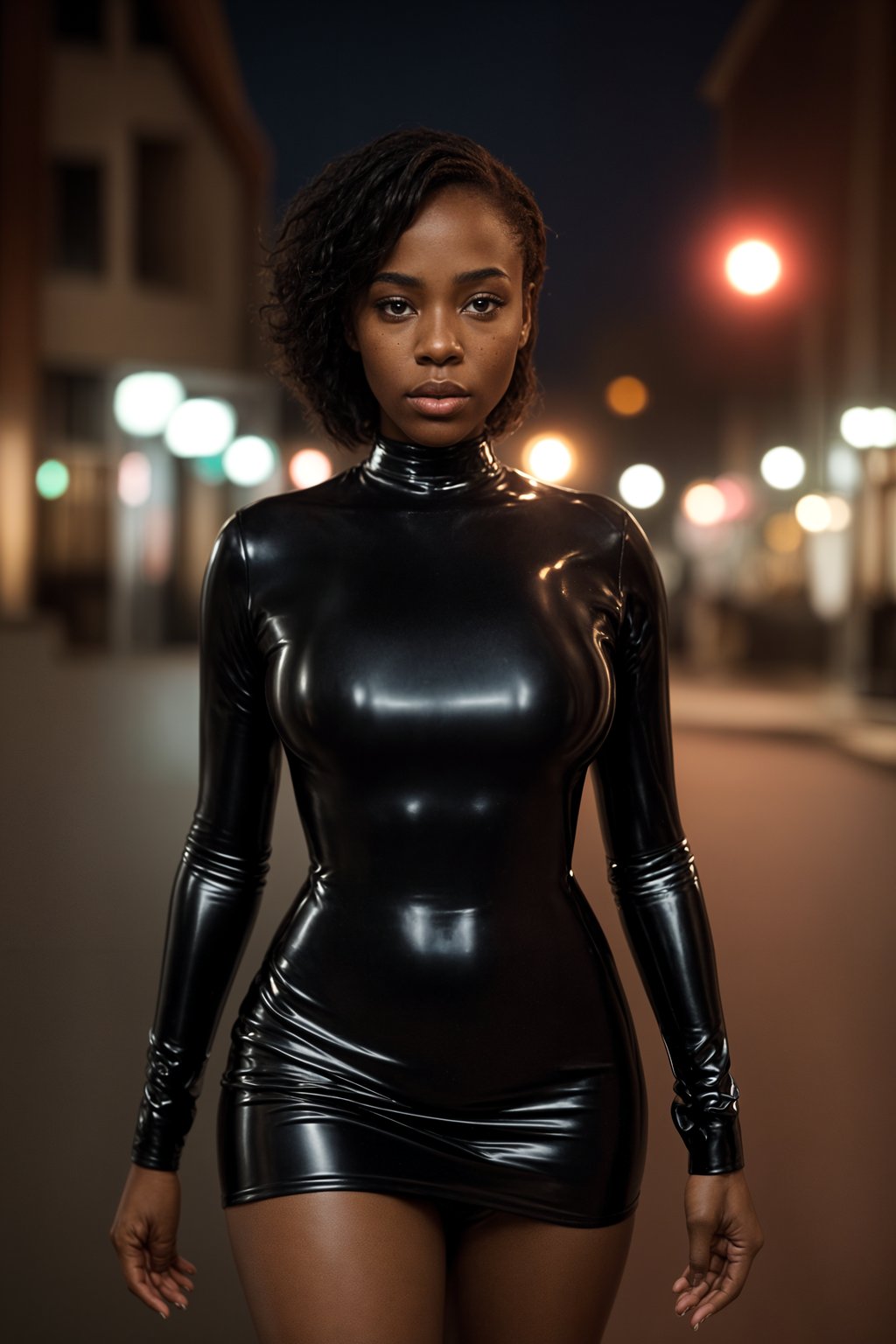 a woman wearing sexy (pvc latex mini dress) standing in street