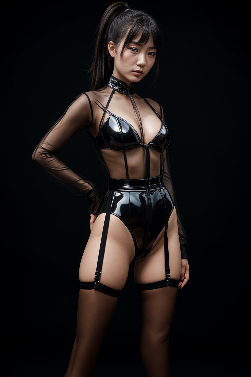 woman wearing (Smoky Black transparent Latex top), (Smoky Black transparent Latex stockings), (Smoky Black transparent Latex high waist panties) and (transparent high heels). hair in a tight ponytail.