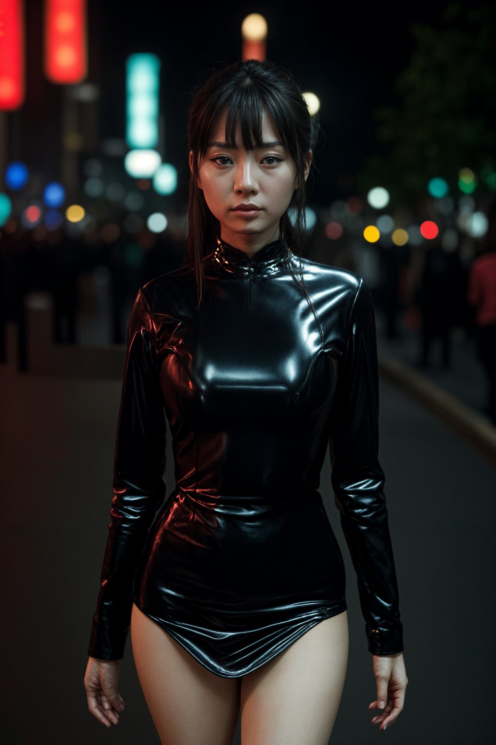 a woman wearing sexy (pvc latex mini dress) standing in street