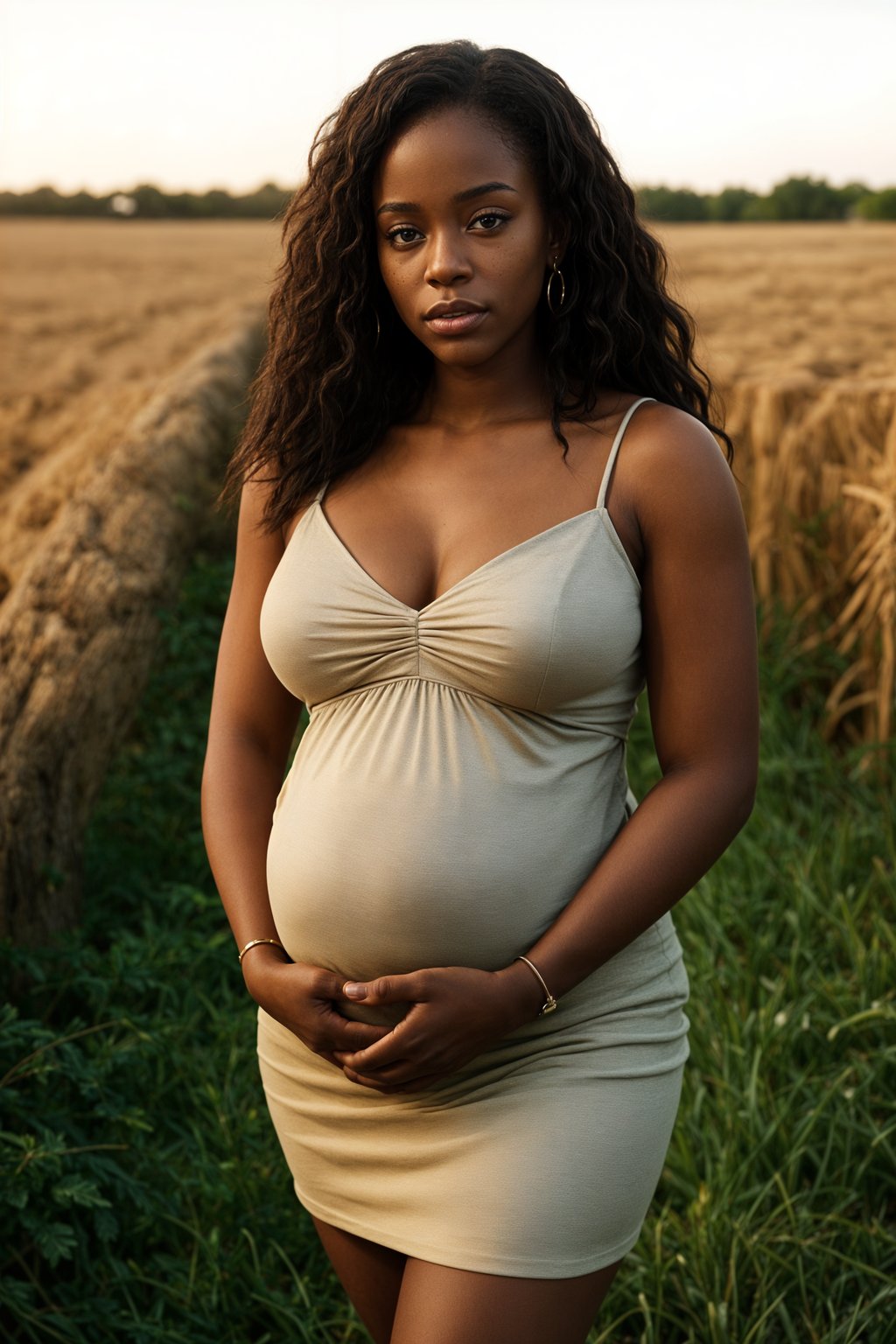 healthy pregnant woman in maternity photographs, beautiful pregnant woman, maternity photography in field of wheat. golden hour