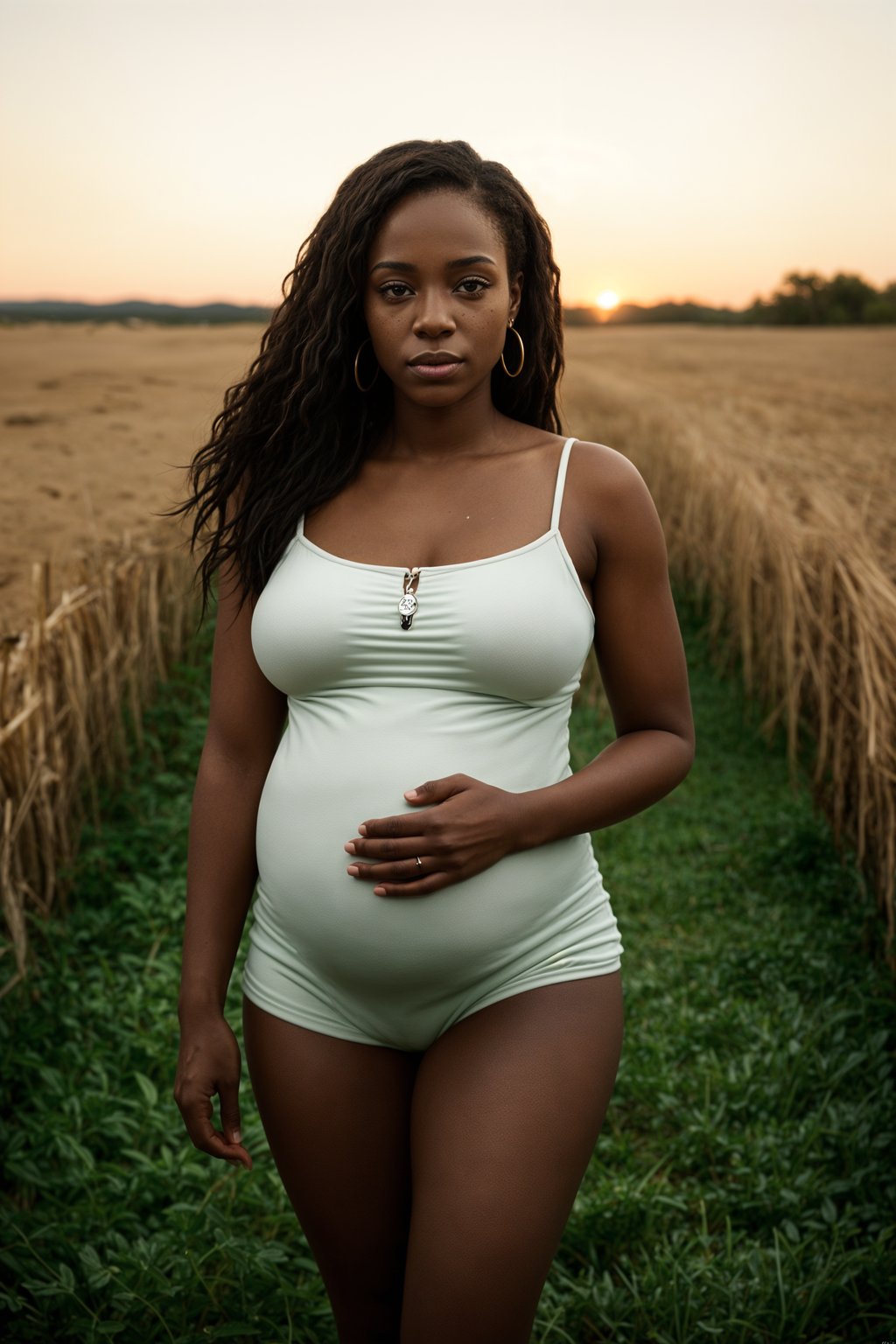 healthy pregnant woman in maternity photographs, beautiful pregnant woman, maternity photography in field of wheat. golden hour