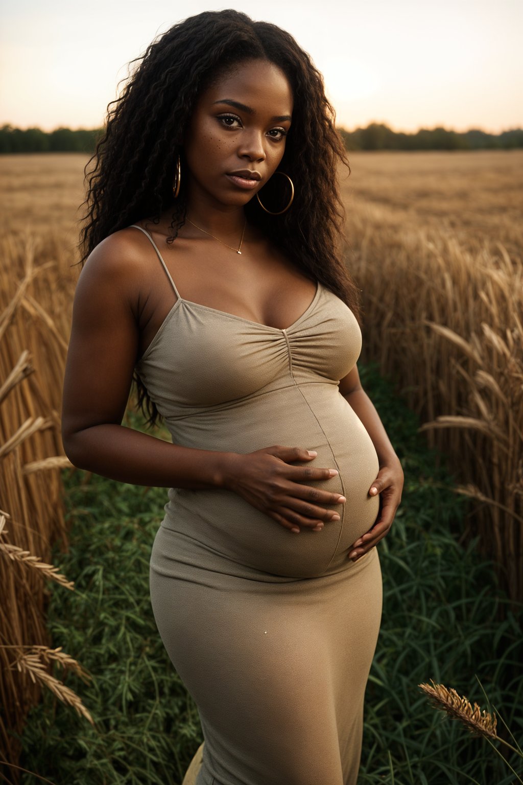 healthy pregnant woman in maternity photographs, beautiful pregnant woman, maternity photography in field of wheat. golden hour