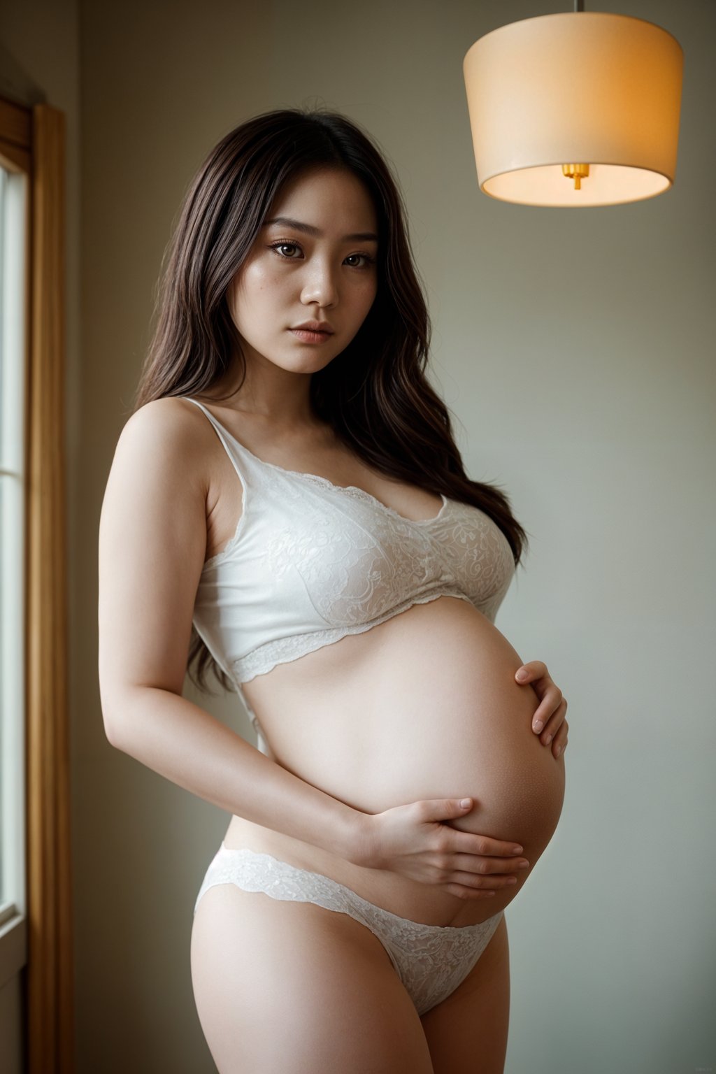 healthy pregnant woman in maternity photographs, beautiful pregnant woman, maternity photography in beautiful home. golden hour