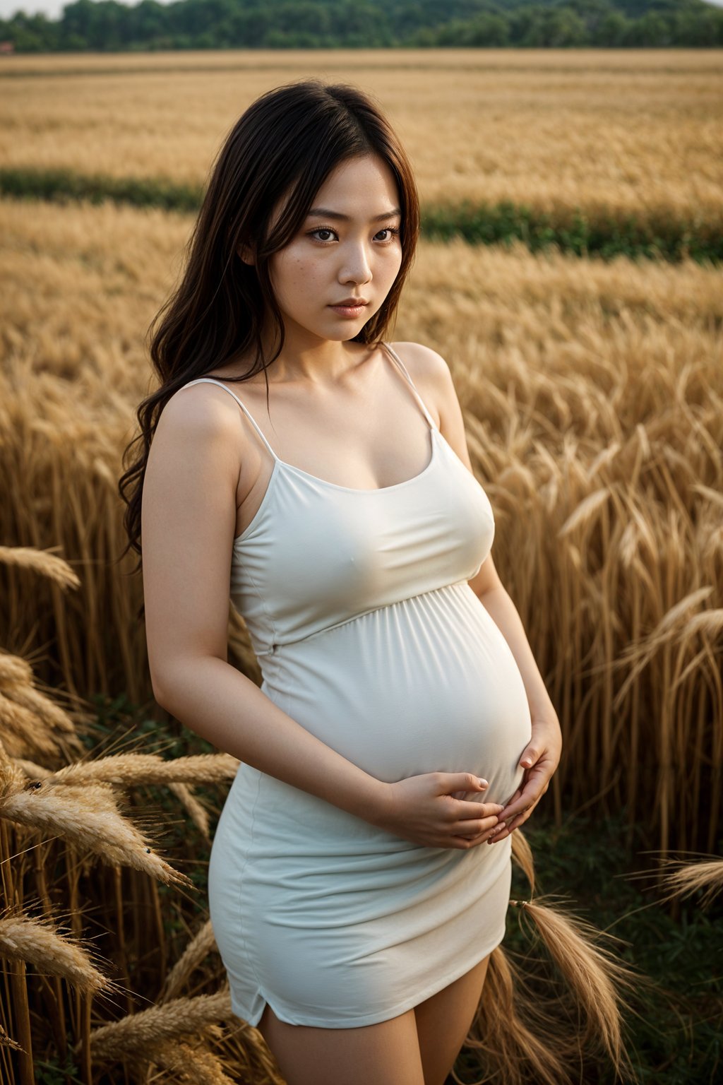 healthy pregnant woman in maternity photographs, beautiful pregnant woman, maternity photography in field of wheat. golden hour