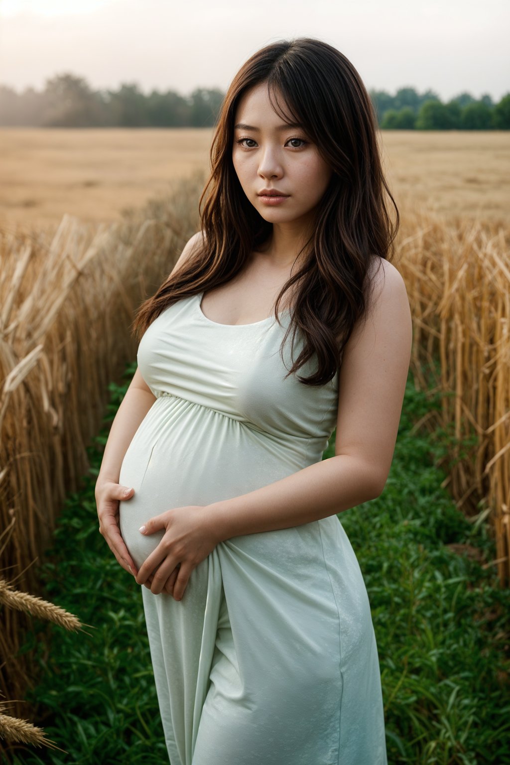 healthy pregnant woman in maternity photographs, beautiful pregnant woman, maternity photography in field of wheat. golden hour