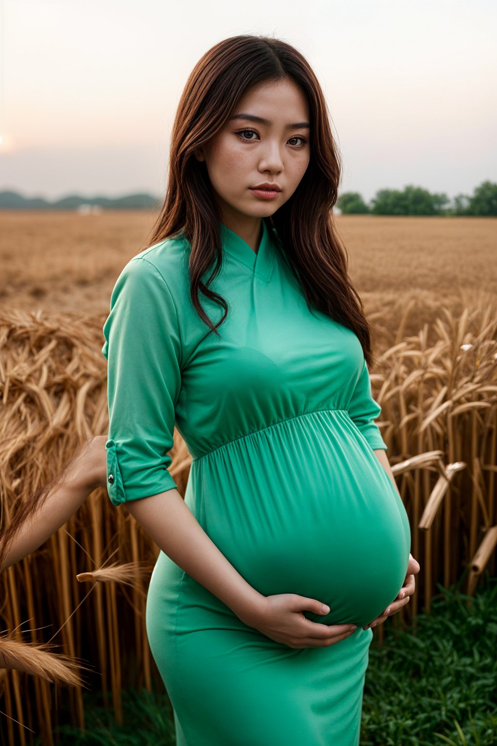 healthy pregnant woman in maternity photographs, beautiful pregnant woman, maternity photography in field of wheat. golden hour