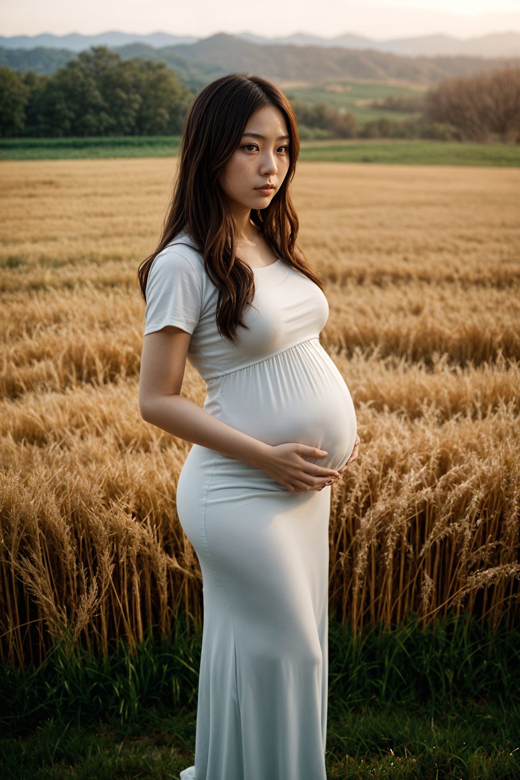 healthy pregnant woman in maternity photographs, beautiful pregnant woman, maternity photography in field of wheat. golden hour