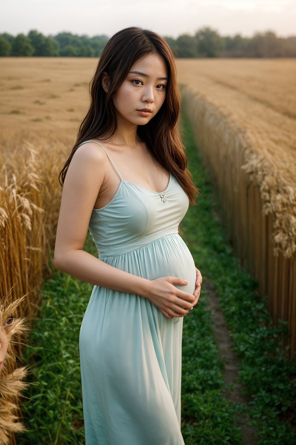 healthy pregnant woman in maternity photographs, beautiful pregnant woman, maternity photography in field of wheat. golden hour