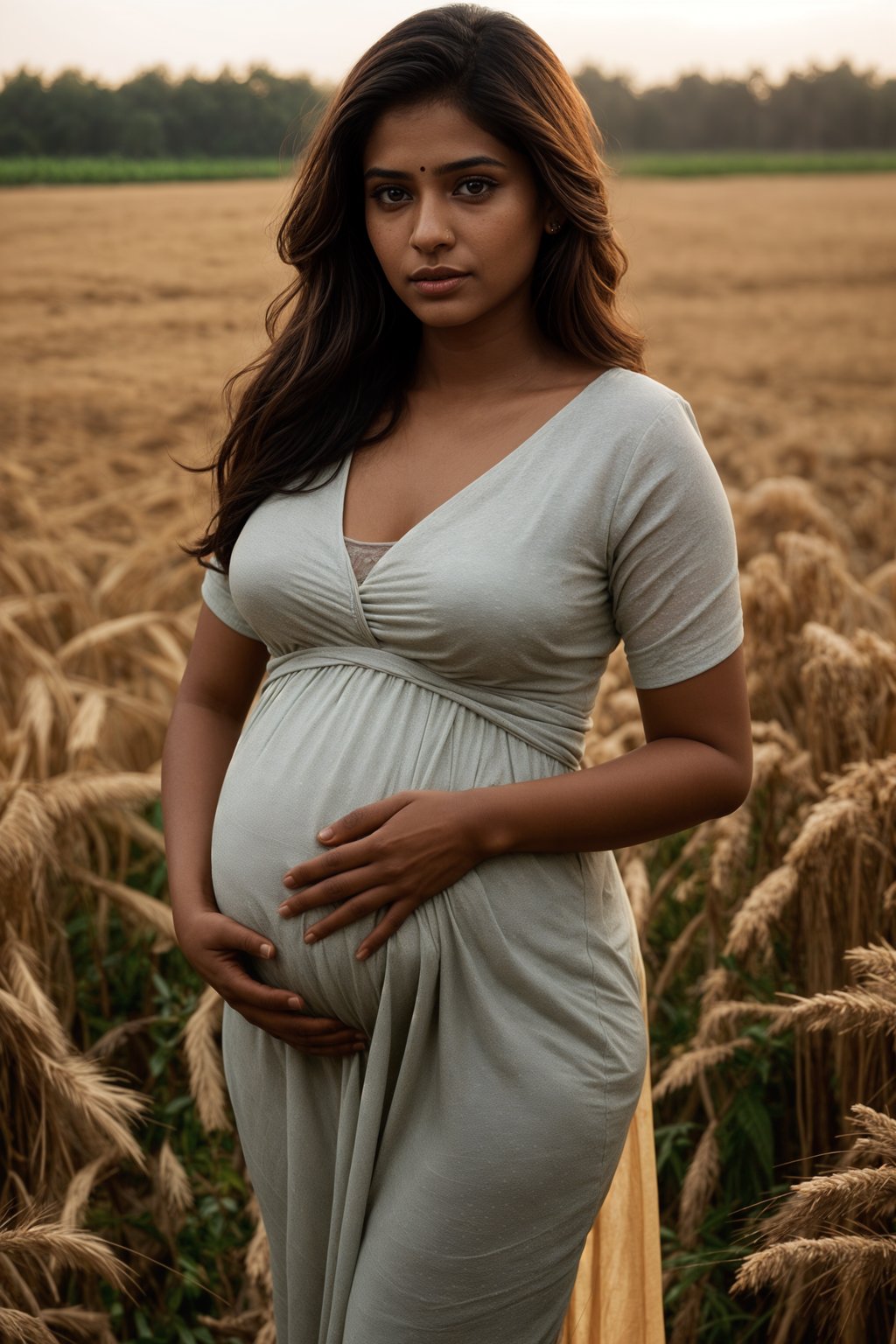 healthy pregnant woman in maternity photographs, beautiful pregnant woman, maternity photography in field of wheat. golden hour