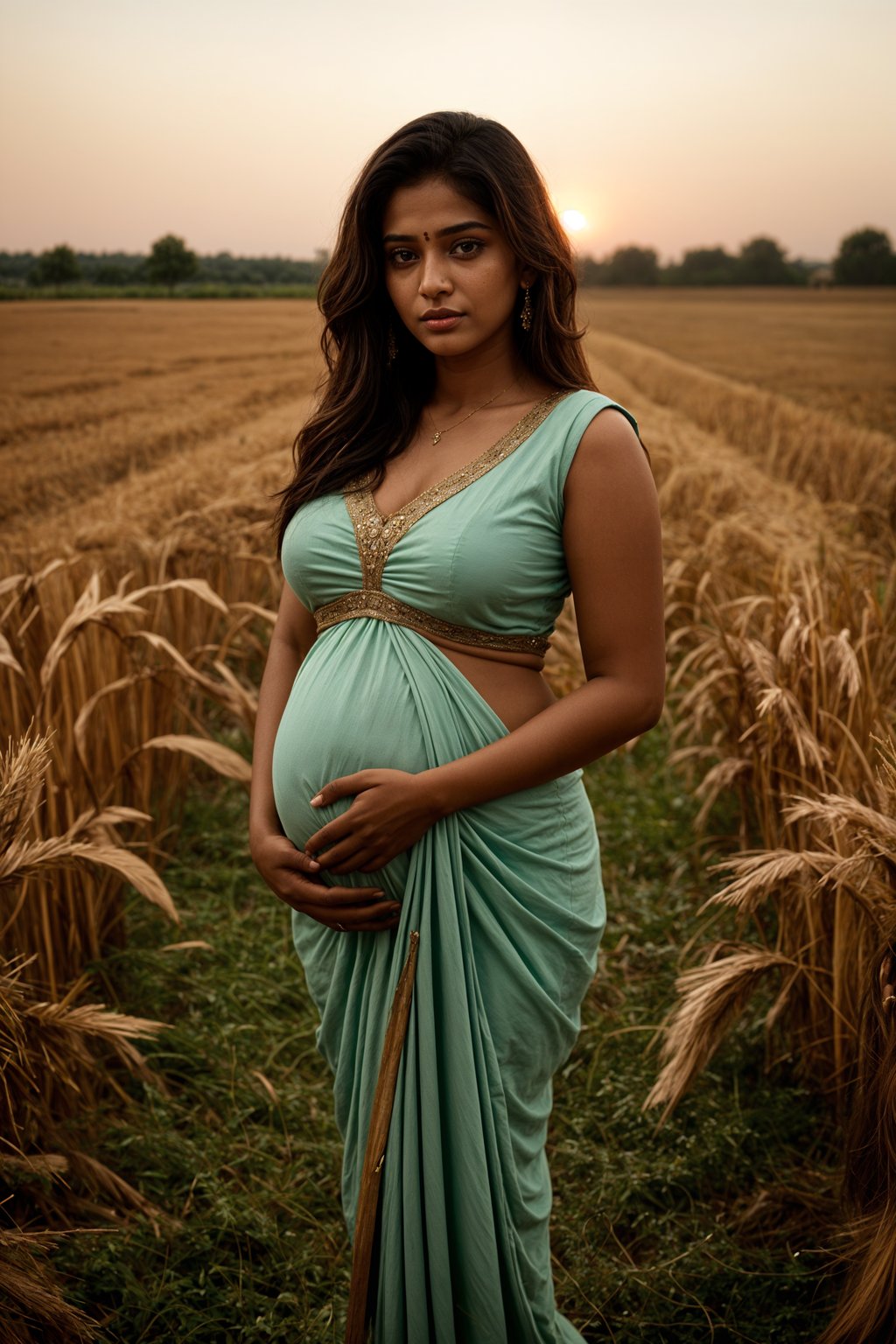 healthy pregnant woman in maternity photographs, beautiful pregnant woman, maternity photography in field of wheat. golden hour