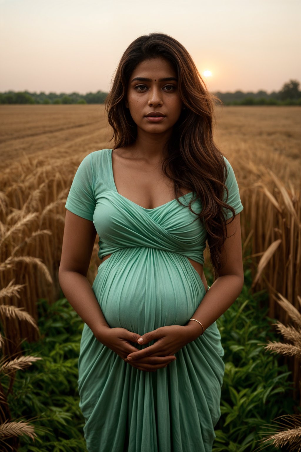 healthy pregnant woman in maternity photographs, beautiful pregnant woman, maternity photography in field of wheat. golden hour