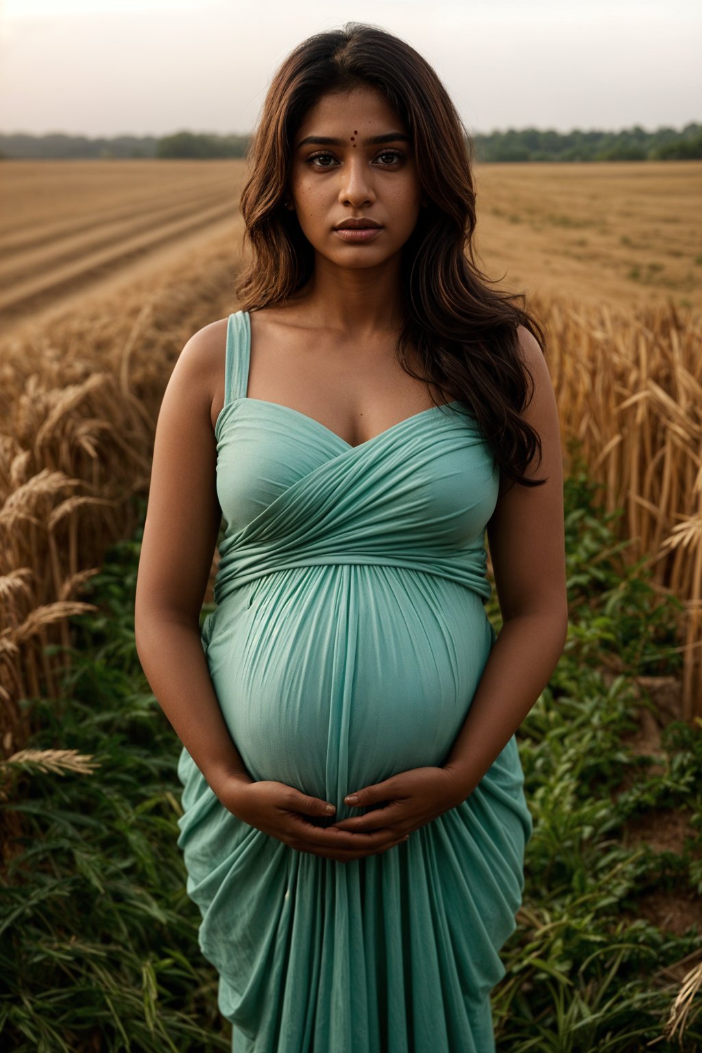 healthy pregnant woman in maternity photographs, beautiful pregnant woman, maternity photography in field of wheat. golden hour