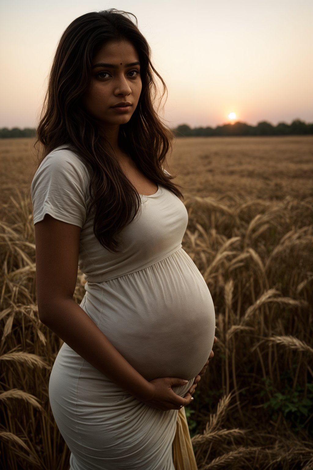 healthy pregnant woman in maternity photographs, beautiful pregnant woman, maternity photography in field of wheat. golden hour