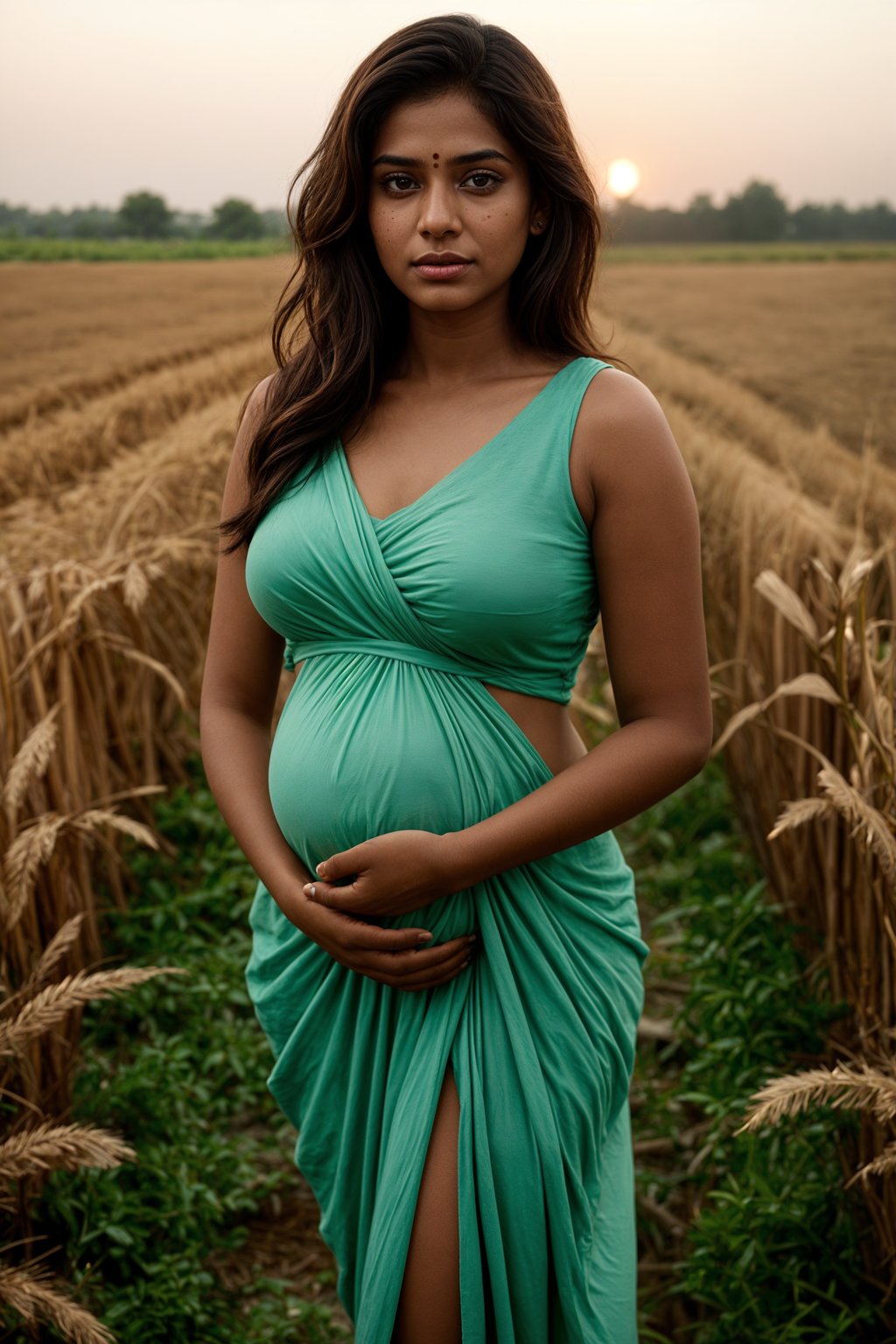 healthy pregnant woman in maternity photographs, beautiful pregnant woman, maternity photography in field of wheat. golden hour