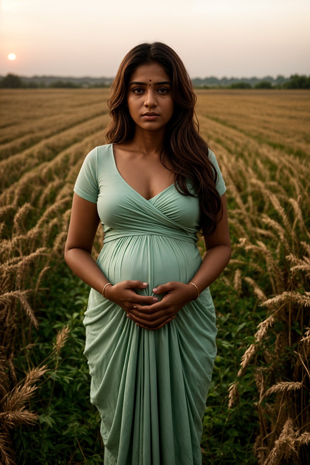 healthy pregnant woman in maternity photographs, beautiful pregnant woman, maternity photography in field of wheat. golden hour