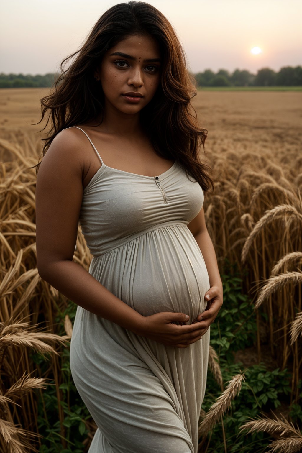 healthy pregnant woman in maternity photographs, beautiful pregnant woman, maternity photography in field of wheat. golden hour