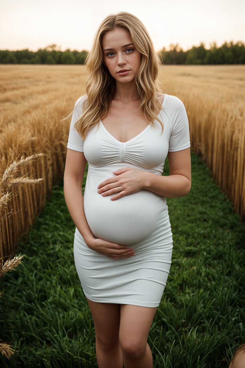 healthy pregnant woman in maternity photographs, beautiful pregnant woman, maternity photography in field of wheat. golden hour