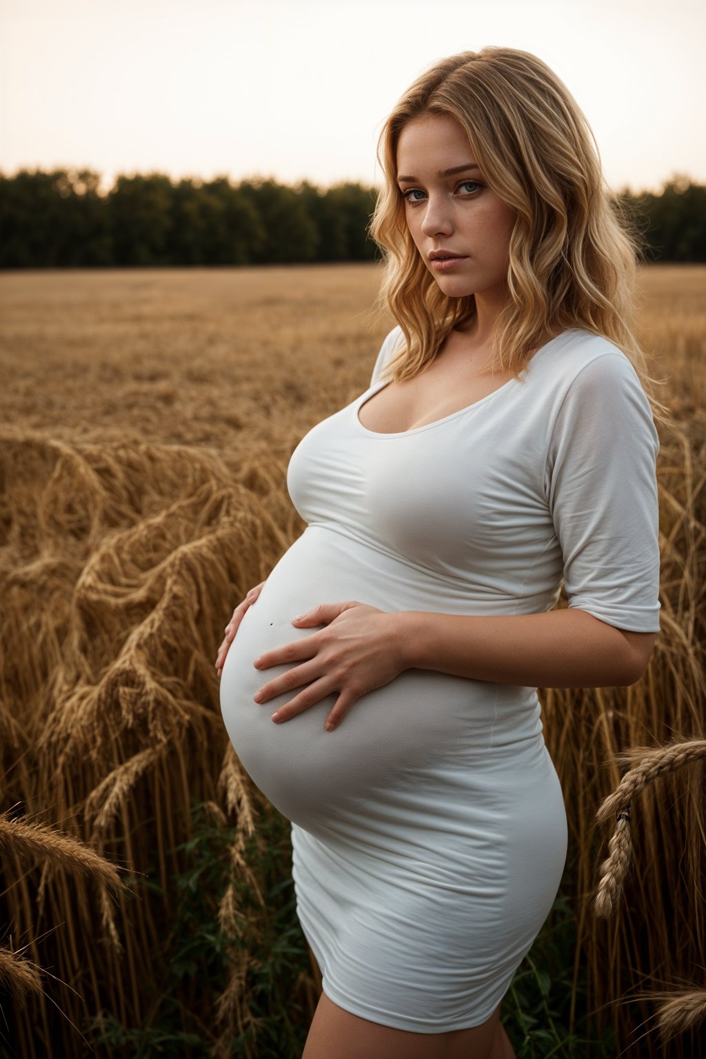 healthy pregnant woman in maternity photographs, beautiful pregnant woman, maternity photography in field of wheat. golden hour