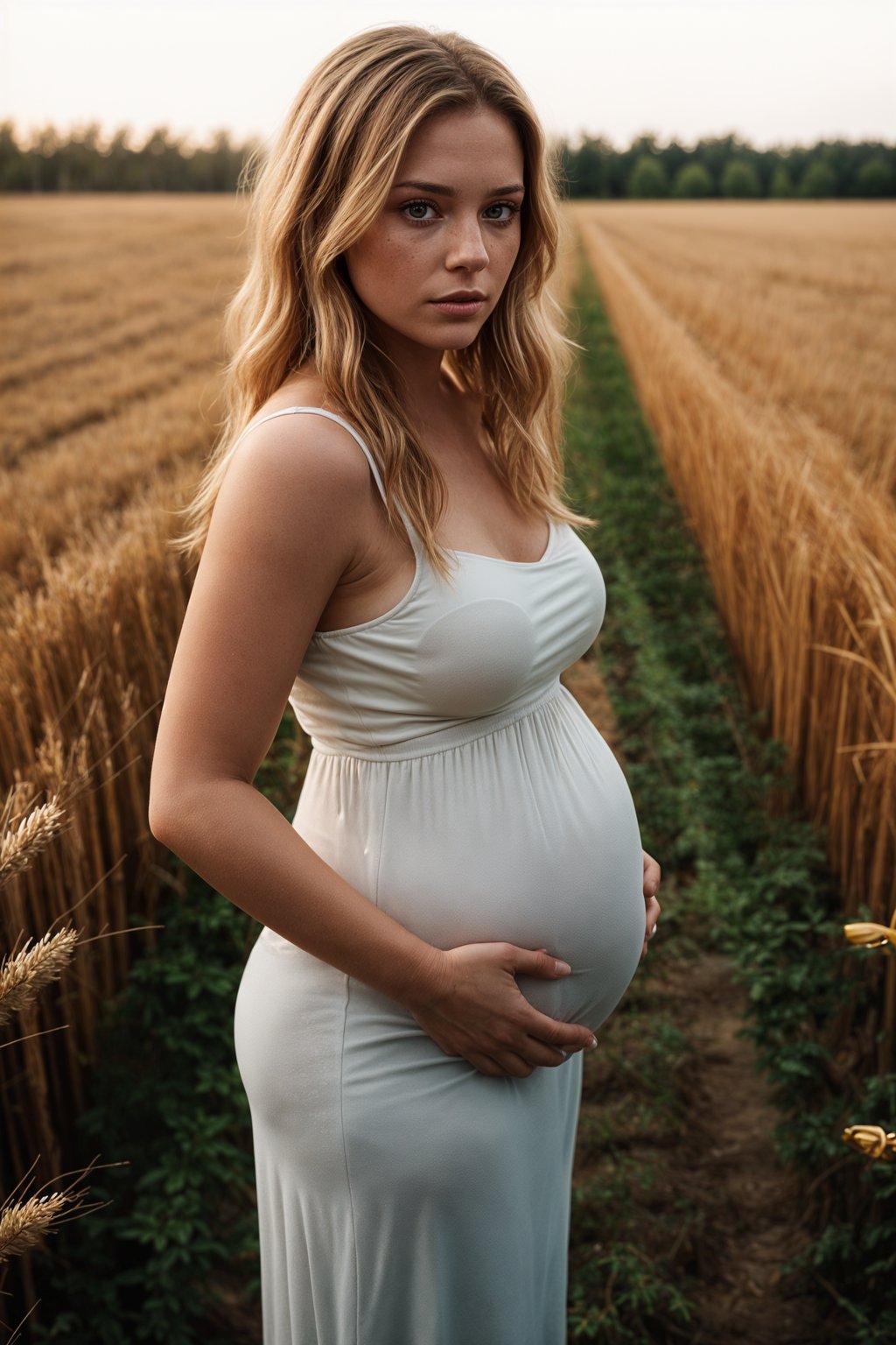 healthy pregnant woman in maternity photographs, beautiful pregnant woman, maternity photography in field of wheat. golden hour