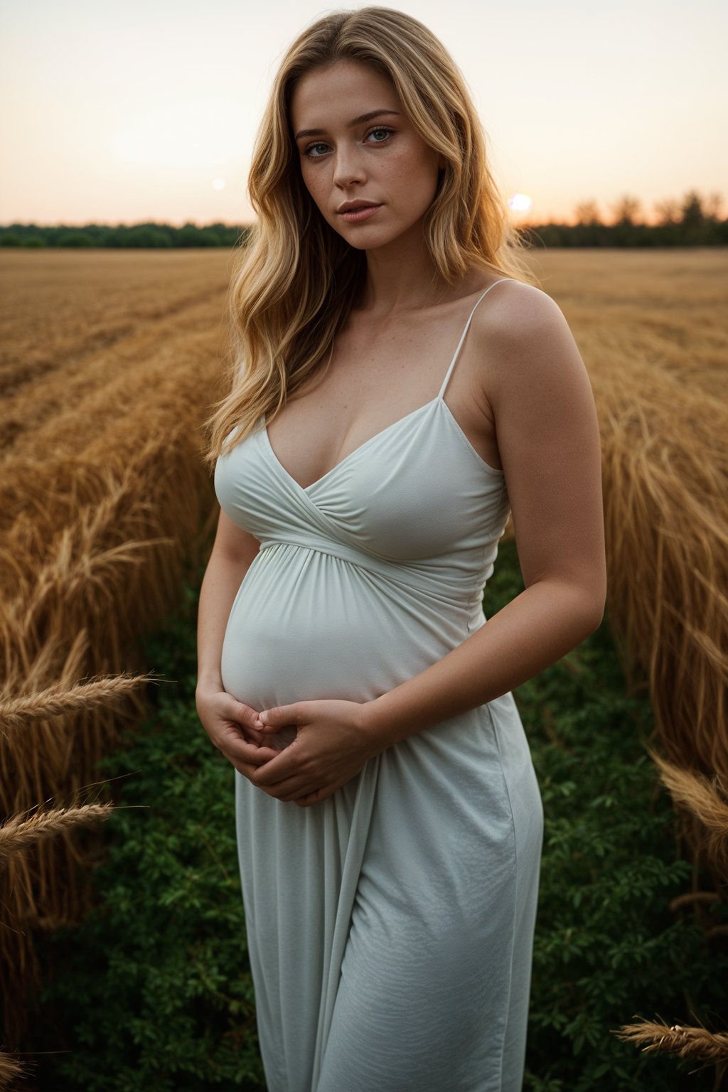 healthy pregnant woman in maternity photographs, beautiful pregnant woman, maternity photography in field of wheat. golden hour