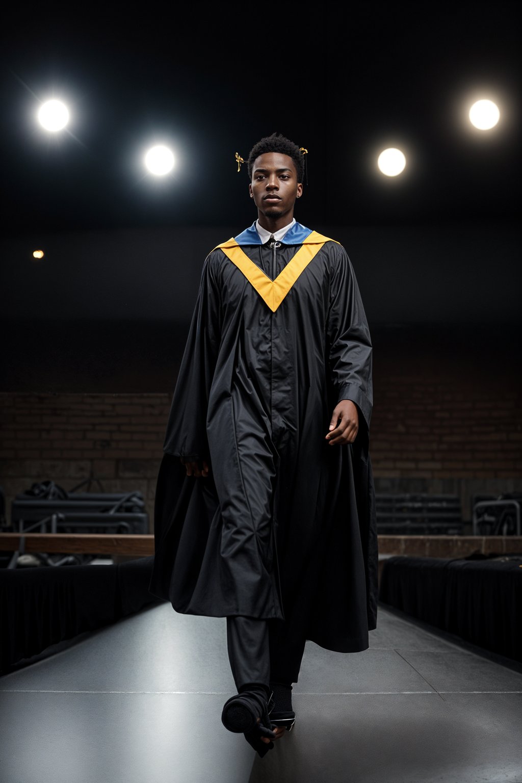 a graduate man in their academic gown and mortarboard, walking across the stage to receive their diploma, capturing the moment of recognition and accomplishment