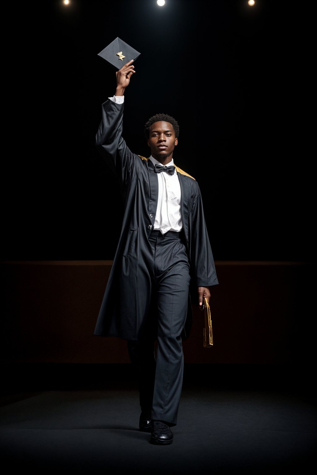 a graduate man in their academic gown and mortarboard, walking across the stage to receive their diploma, capturing the moment of recognition and accomplishment