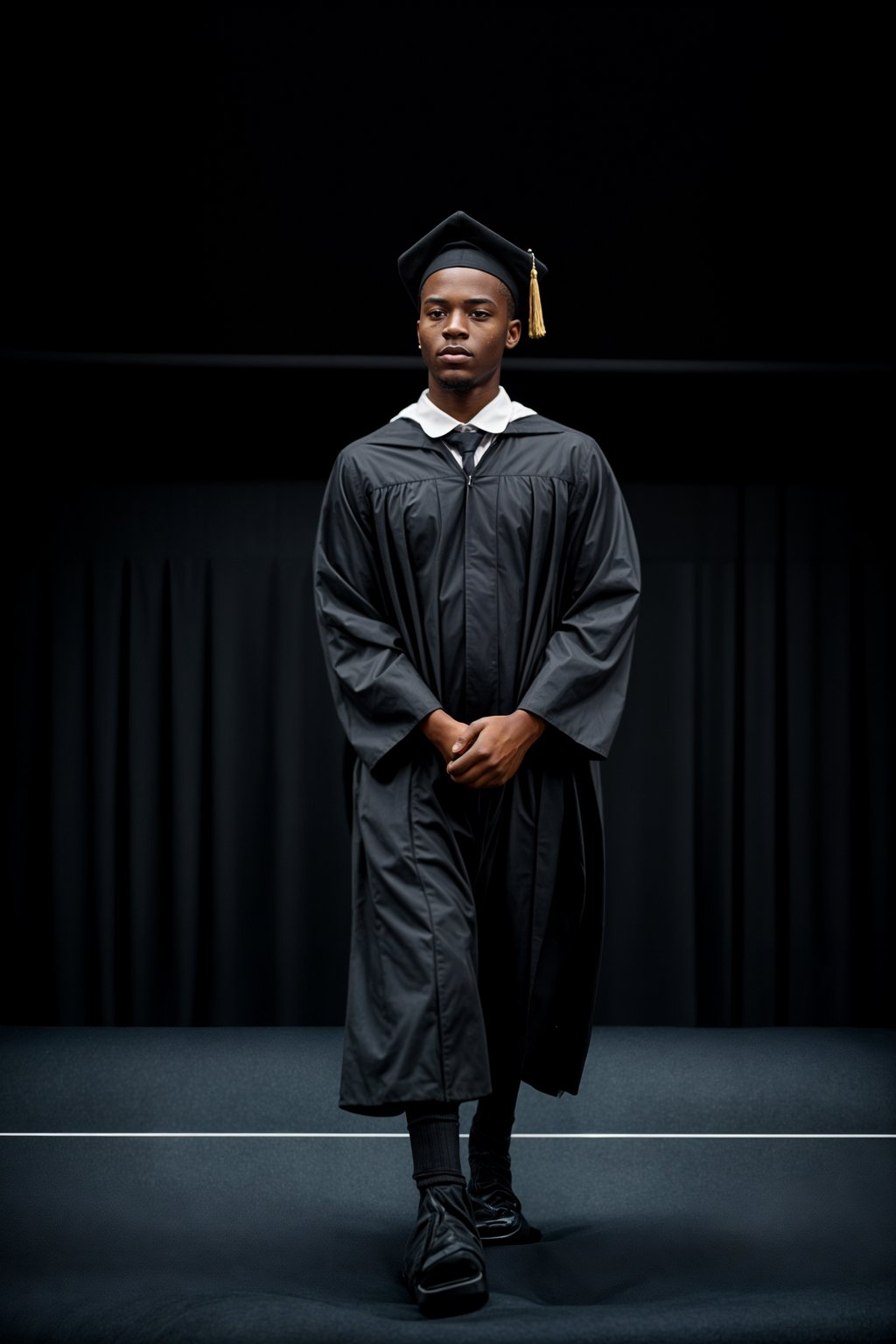 a graduate man in their academic gown and mortarboard, walking across the stage to receive their diploma, capturing the moment of recognition and accomplishment