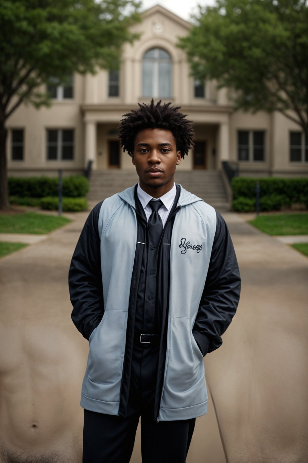 a graduate man in their academic regalia, standing in front of their university building, representing the pride and connection to their alma mater