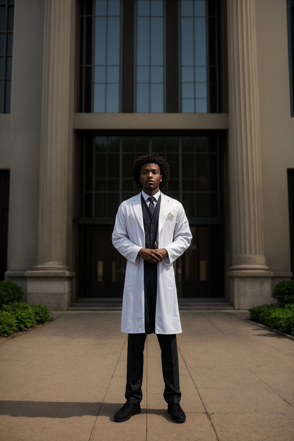 a graduate man in their academic regalia, standing in front of their university building, representing the pride and connection to their alma mater