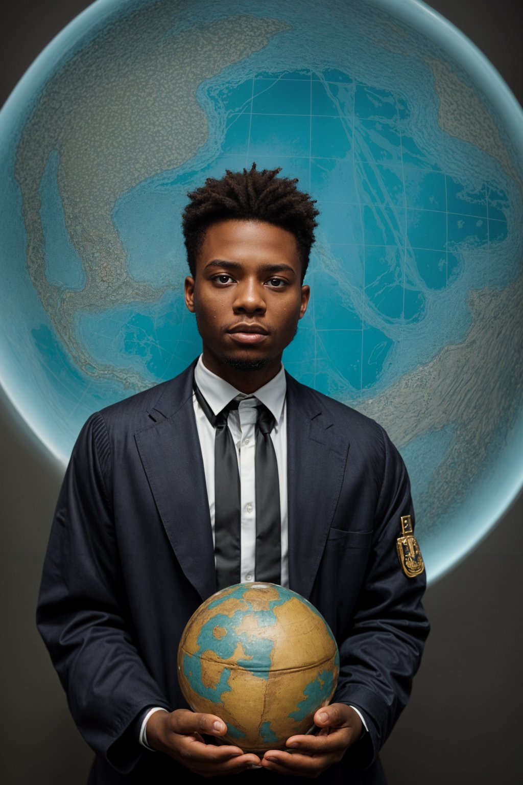 a graduate man in their academic regalia, holding a globe or a map, representing their global perspective and aspirations for making an impact in the world