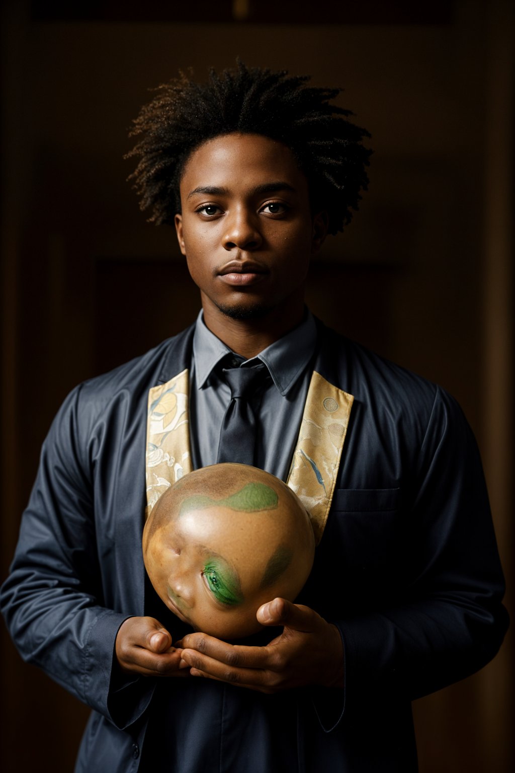 a graduate man in their academic regalia, holding a globe or a map, representing their global perspective and aspirations for making an impact in the world