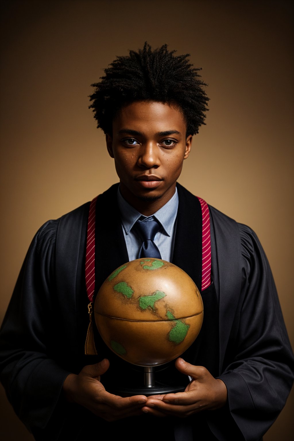 a graduate man in their academic regalia, holding a globe or a map, representing their global perspective and aspirations for making an impact in the world