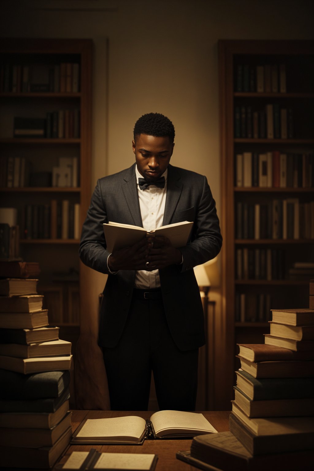 a graduate man surrounded by books and a laptop, symbolizing the academic dedication and achievements during their university studies