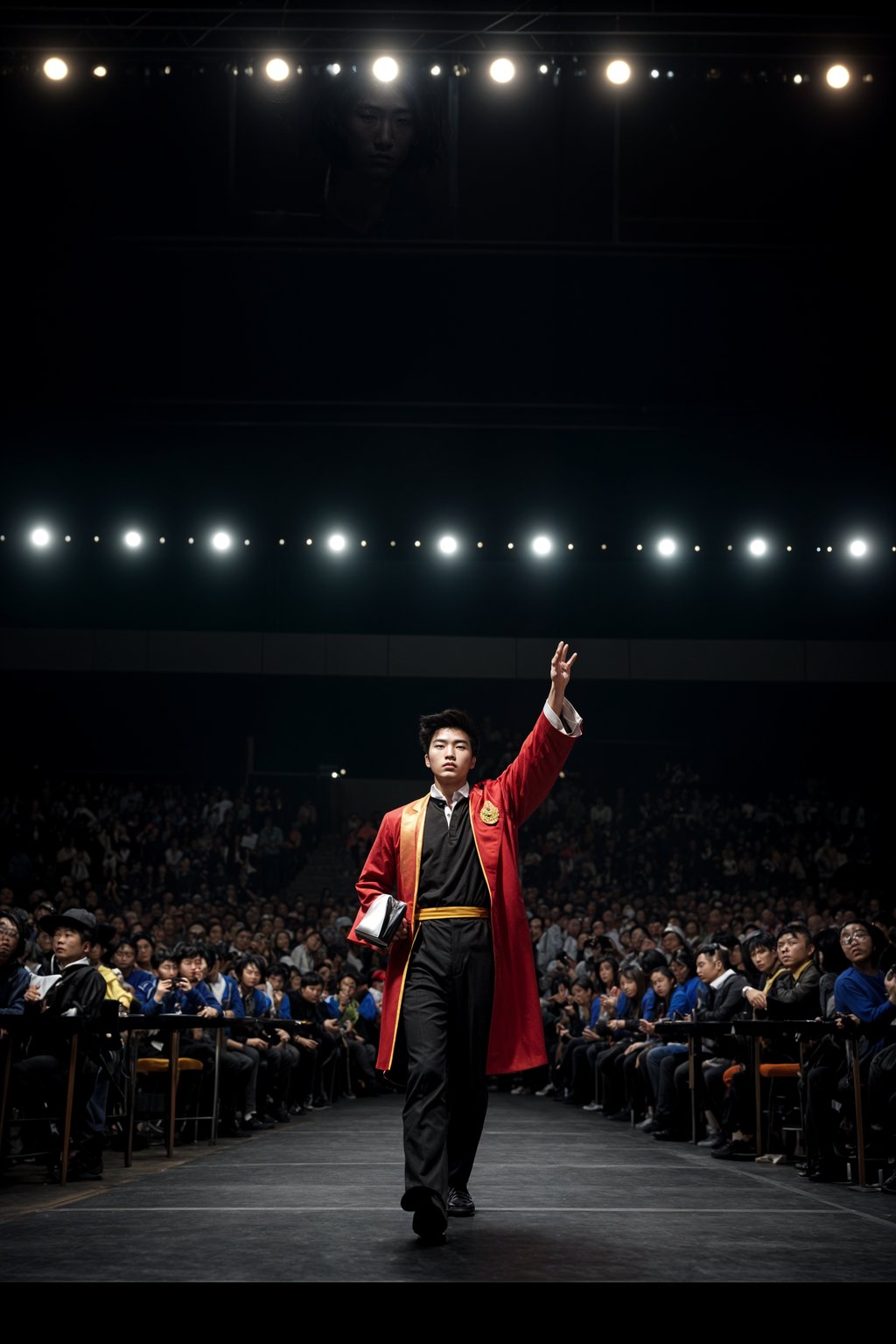 a graduate man in their academic gown and mortarboard, walking across the stage to receive their diploma, capturing the moment of recognition and accomplishment