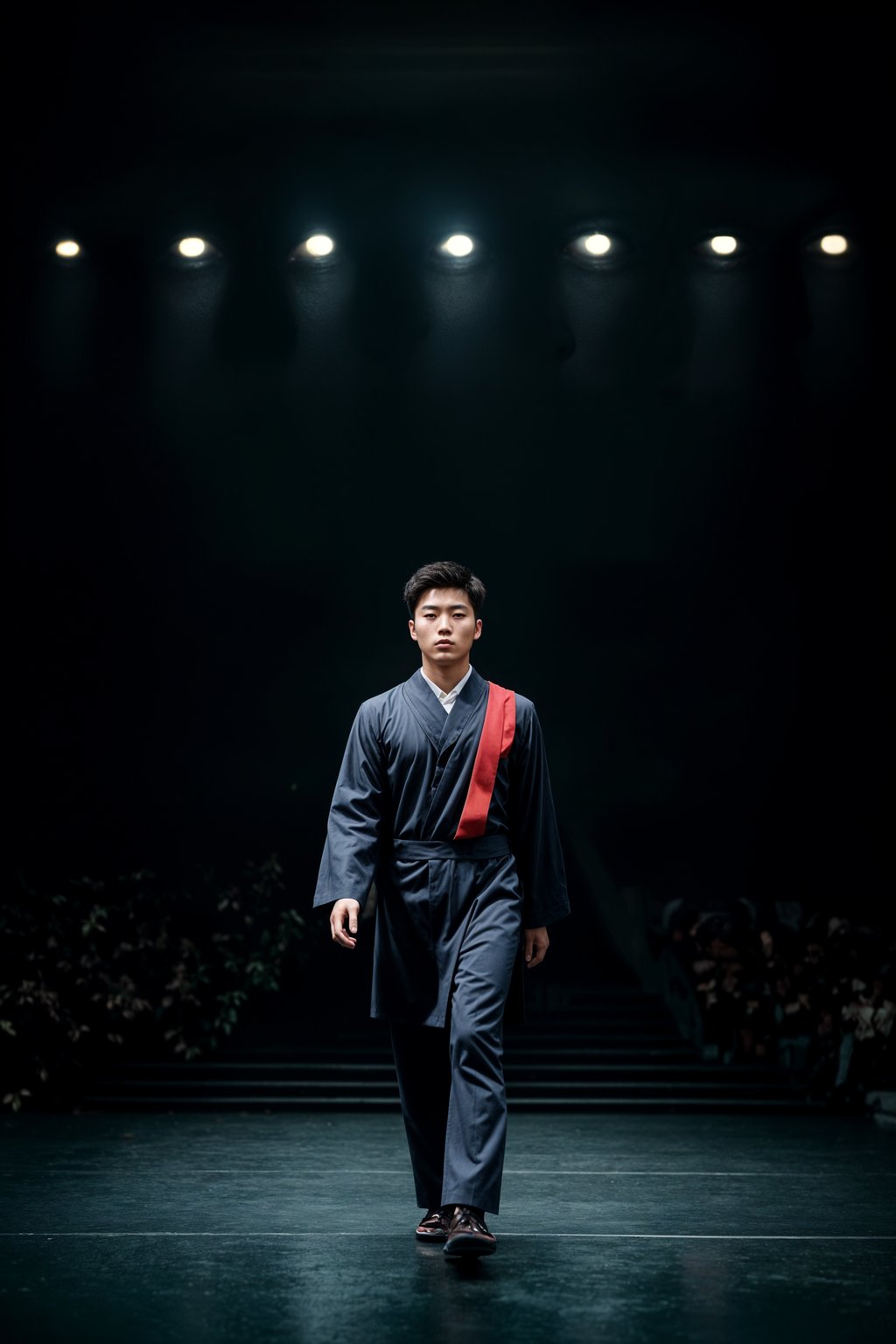 a graduate man in their academic gown and mortarboard, walking across the stage to receive their diploma, capturing the moment of recognition and accomplishment