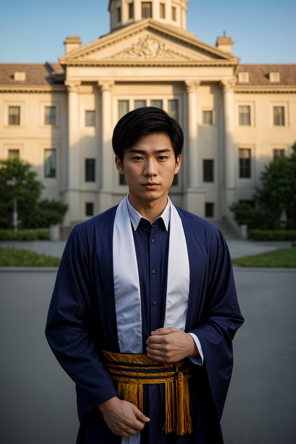 a graduate man in their academic regalia, standing in front of their university building, representing the pride and connection to their alma mater