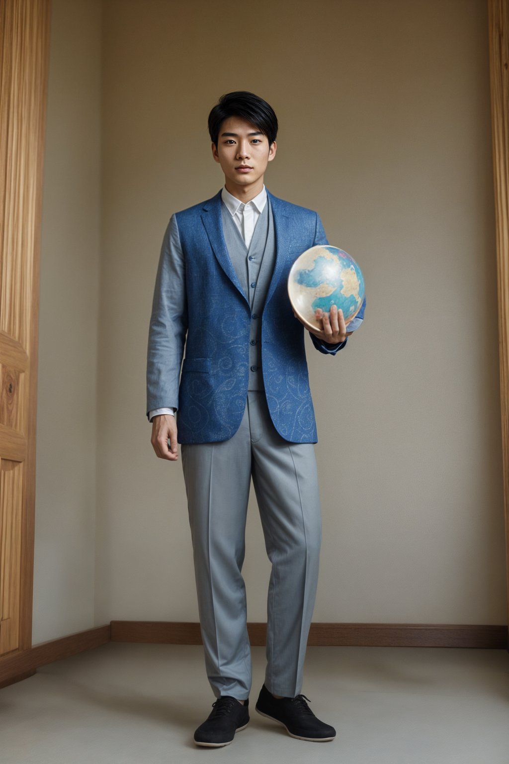 a graduate man in their academic regalia, holding a globe or a map, representing their global perspective and aspirations for making an impact in the world