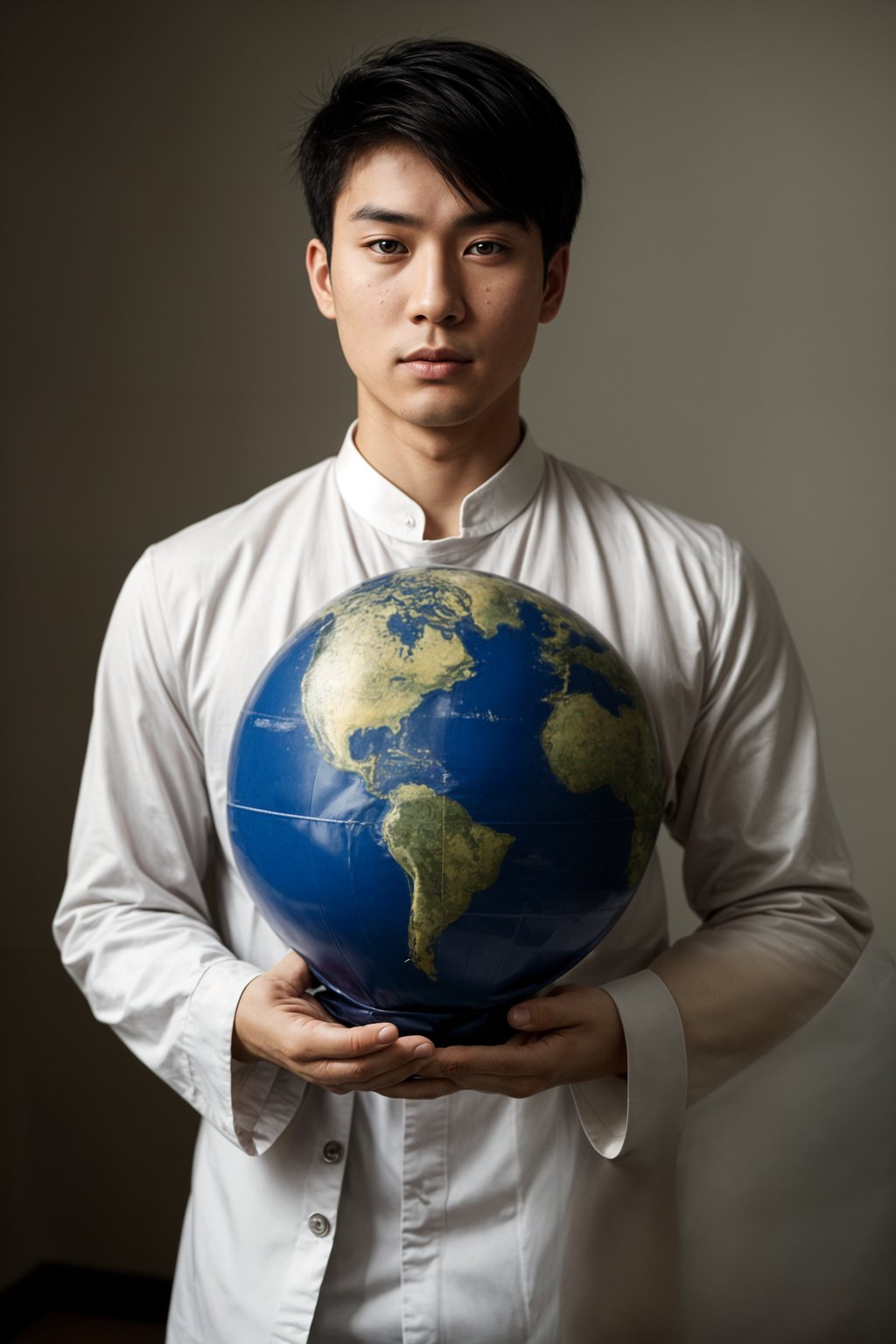 a graduate man in their academic regalia, holding a globe or a map, representing their global perspective and aspirations for making an impact in the world