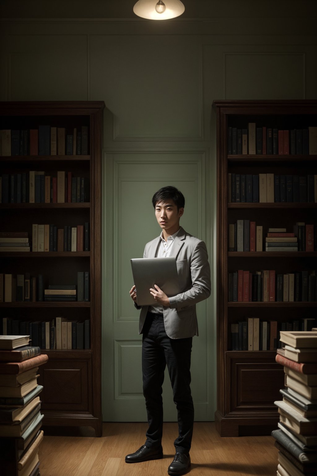 a graduate man surrounded by books and a laptop, symbolizing the academic dedication and achievements during their university studies