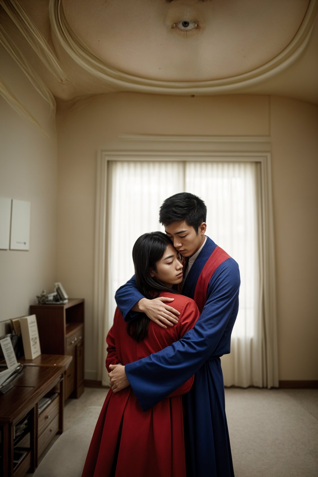 a graduate man in their academic gown, hugging their parents or loved ones, capturing the emotions and gratitude on this memorable day