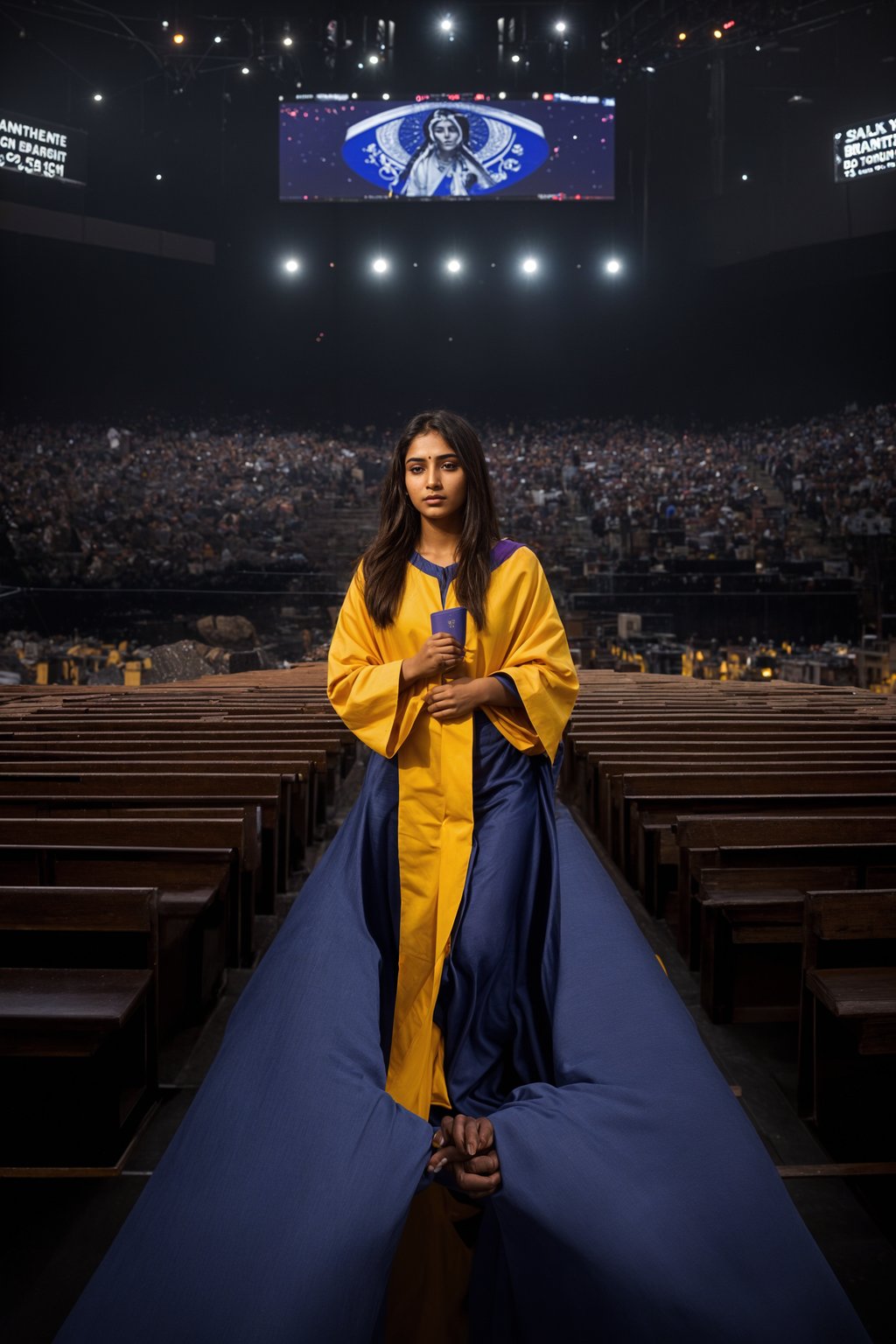 a graduate woman in their academic gown and mortarboard, walking across the stage to receive their diploma, capturing the moment of recognition and accomplishment