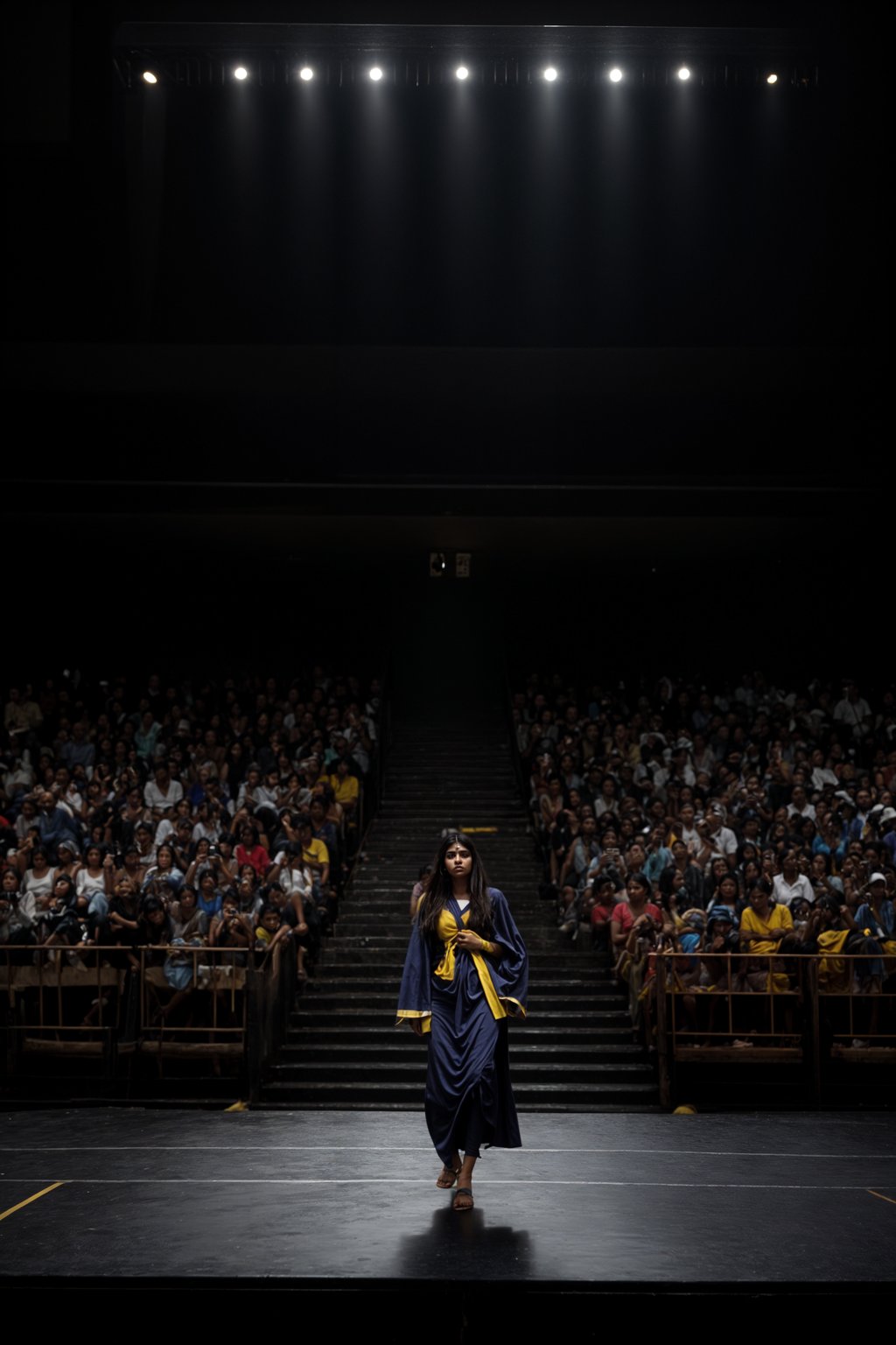 a graduate woman in their academic gown and mortarboard, walking across the stage to receive their diploma, capturing the moment of recognition and accomplishment