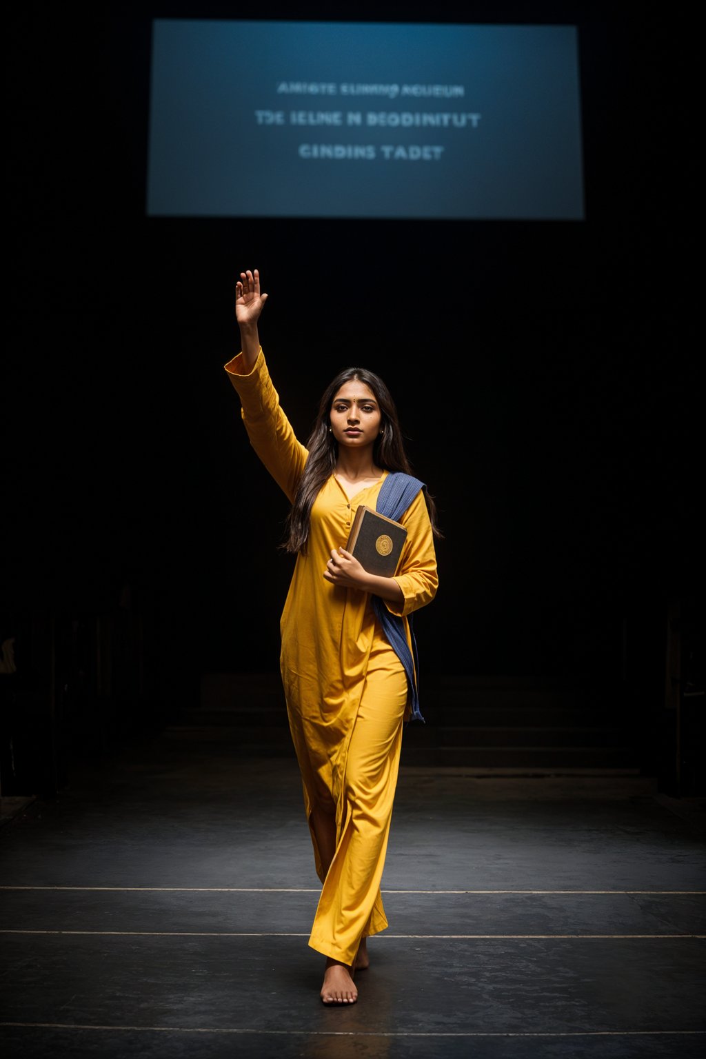 a graduate woman in their academic gown and mortarboard, walking across the stage to receive their diploma, capturing the moment of recognition and accomplishment