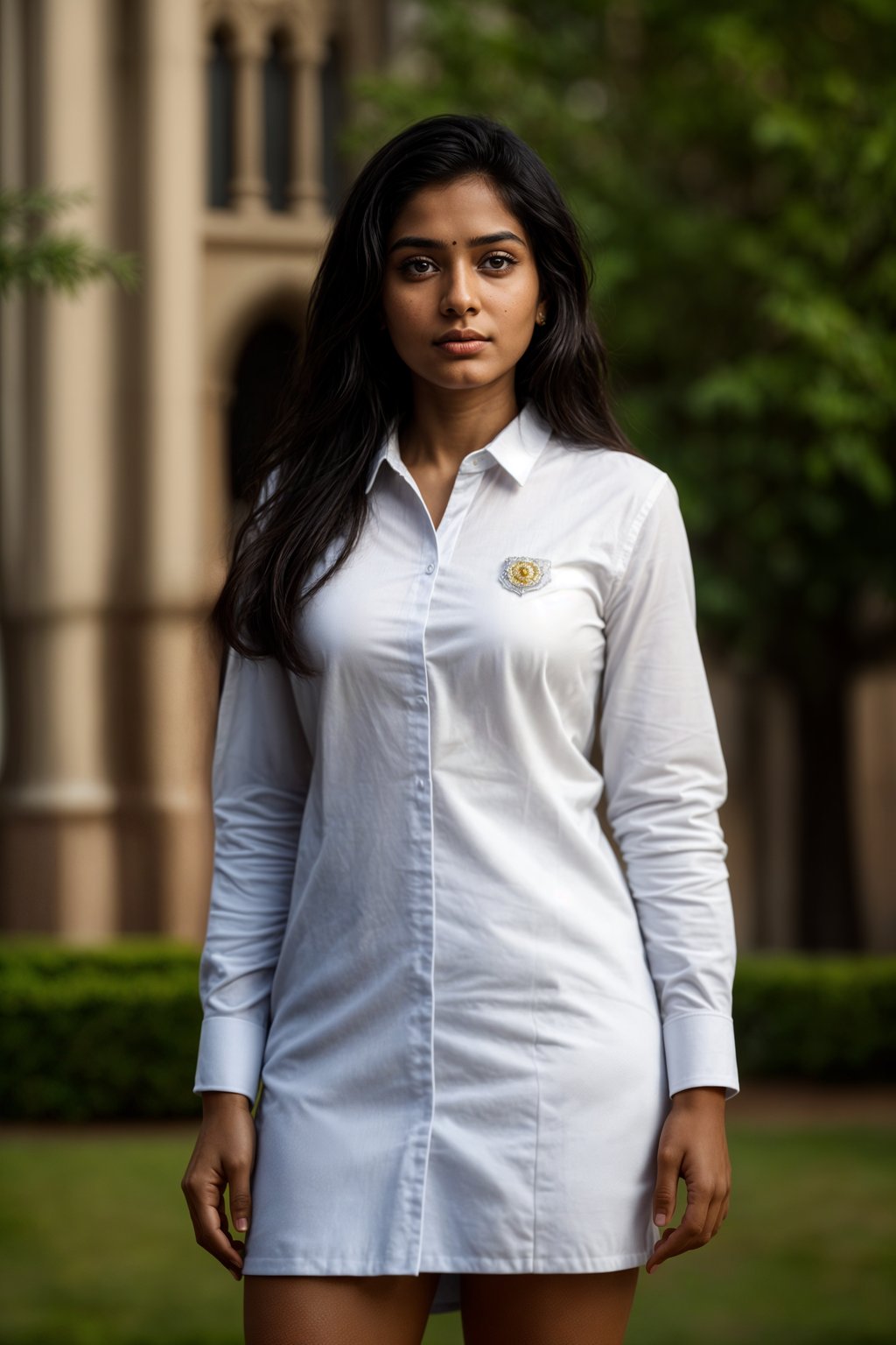 a graduate woman in their academic regalia, standing in front of their university building, representing the pride and connection to their alma mater